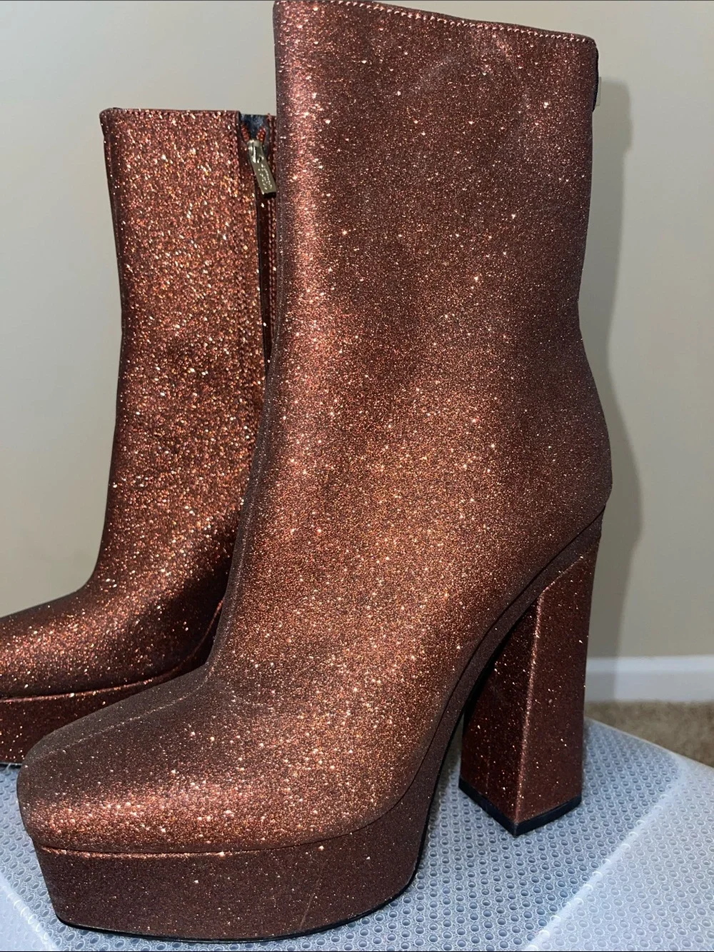 Guess Metallic Copper Glitter Platform Ankle Boots